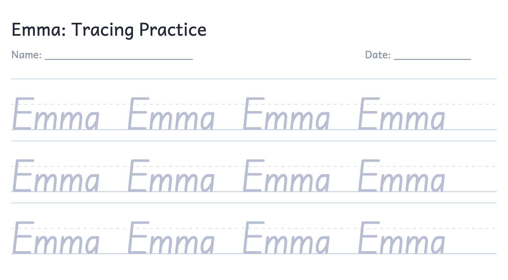 Example name-tracing worksheet showing the name Emma as light-gray solid trace letters on three-line handwriting rule